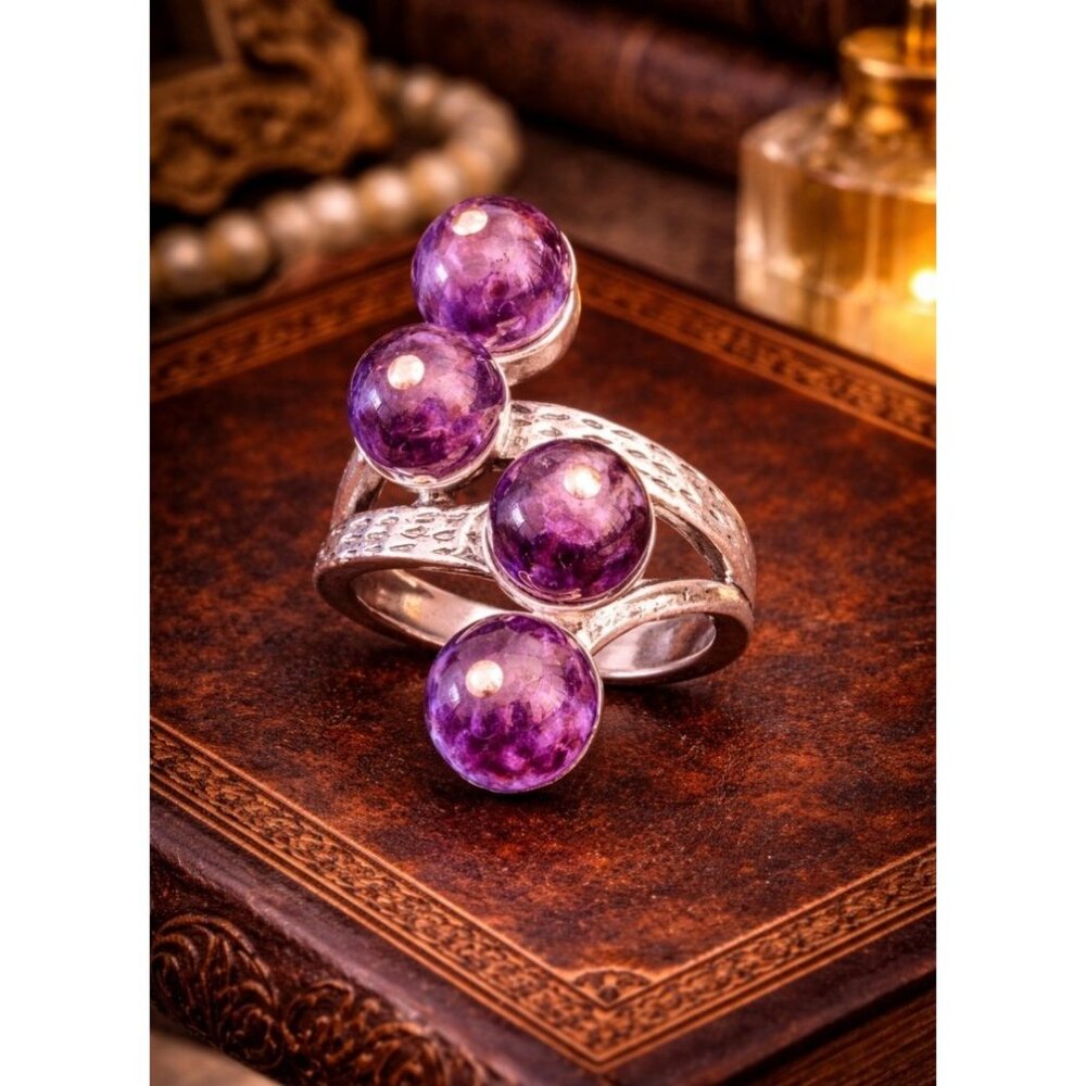 Vintage Amethyst Cabochon Cluster Ring Sterling Silver Modernist Statement Ring
